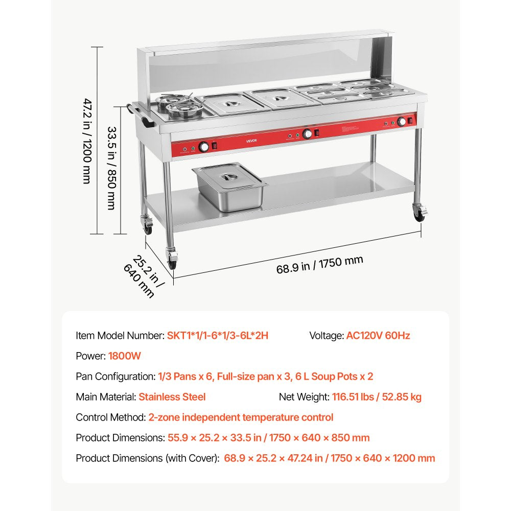 VEVOR Commercial Food Warmer 8 Pans + 2 Pots Electric Steam Table 1800W, for Buffet Restaurant Catering, SUS Server with Additional 1/1 Pan, Independent Temp Control, Acrylic Cover, and Undershelf