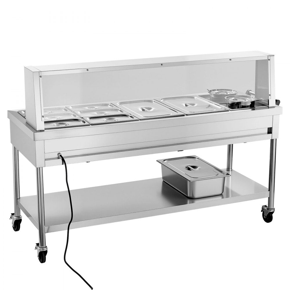 VEVOR Commercial Food Warmer 8 Pans + 2 Pots Electric Steam Table 1800W, for Buffet Restaurant Catering, SUS Server with Additional 1/1 Pan, Independent Temp Control, Acrylic Cover, and Undershelf