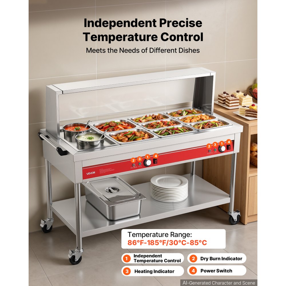 VEVOR Commercial Food Warmer 8 Pans + 2 Pots Electric Steam Table 1800W, for Buffet Restaurant Catering, SUS Server with Additional 1/1 Pan, Independent Temp Control, Acrylic Cover, and Undershelf