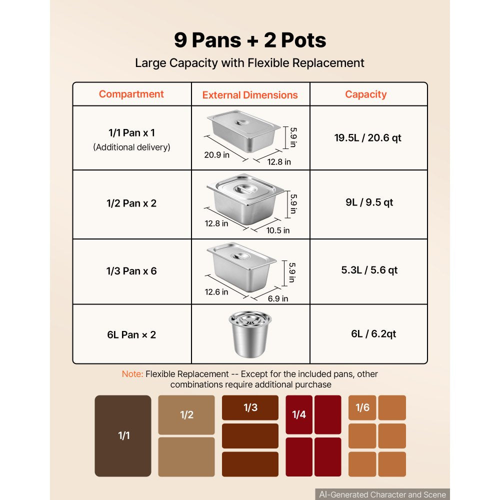 VEVOR Commercial Food Warmer 8 Pans + 2 Pots Electric Steam Table 1800W, for Buffet Restaurant Catering, SUS Server with Additional 1/1 Pan, Independent Temp Control, Acrylic Cover, and Undershelf
