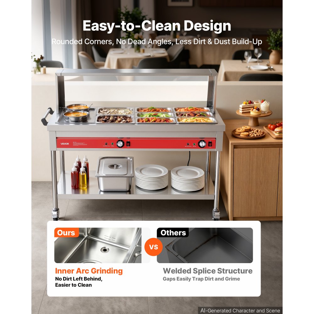 VEVOR Commercial Food Warmer 8 Pans + 2 Pots Electric Steam Table 1800W, for Buffet Restaurant Catering, SUS Server with Additional 1/1 Pan, Independent Temp Control, Acrylic Cover, and Undershelf