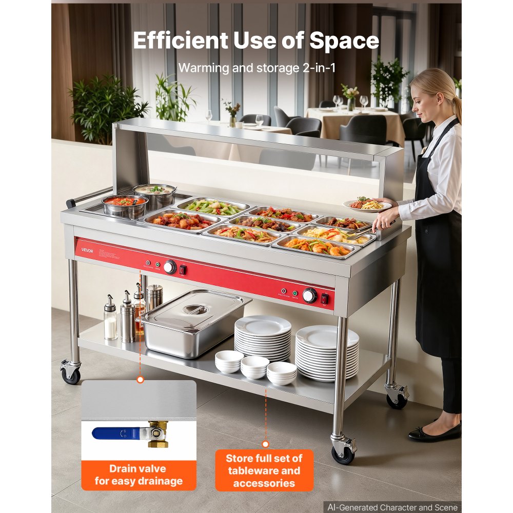 VEVOR Commercial Food Warmer 8 Pans + 2 Pots Electric Steam Table 1800W, for Buffet Restaurant Catering, SUS Server with Additional 1/1 Pan, Independent Temp Control, Acrylic Cover, and Undershelf