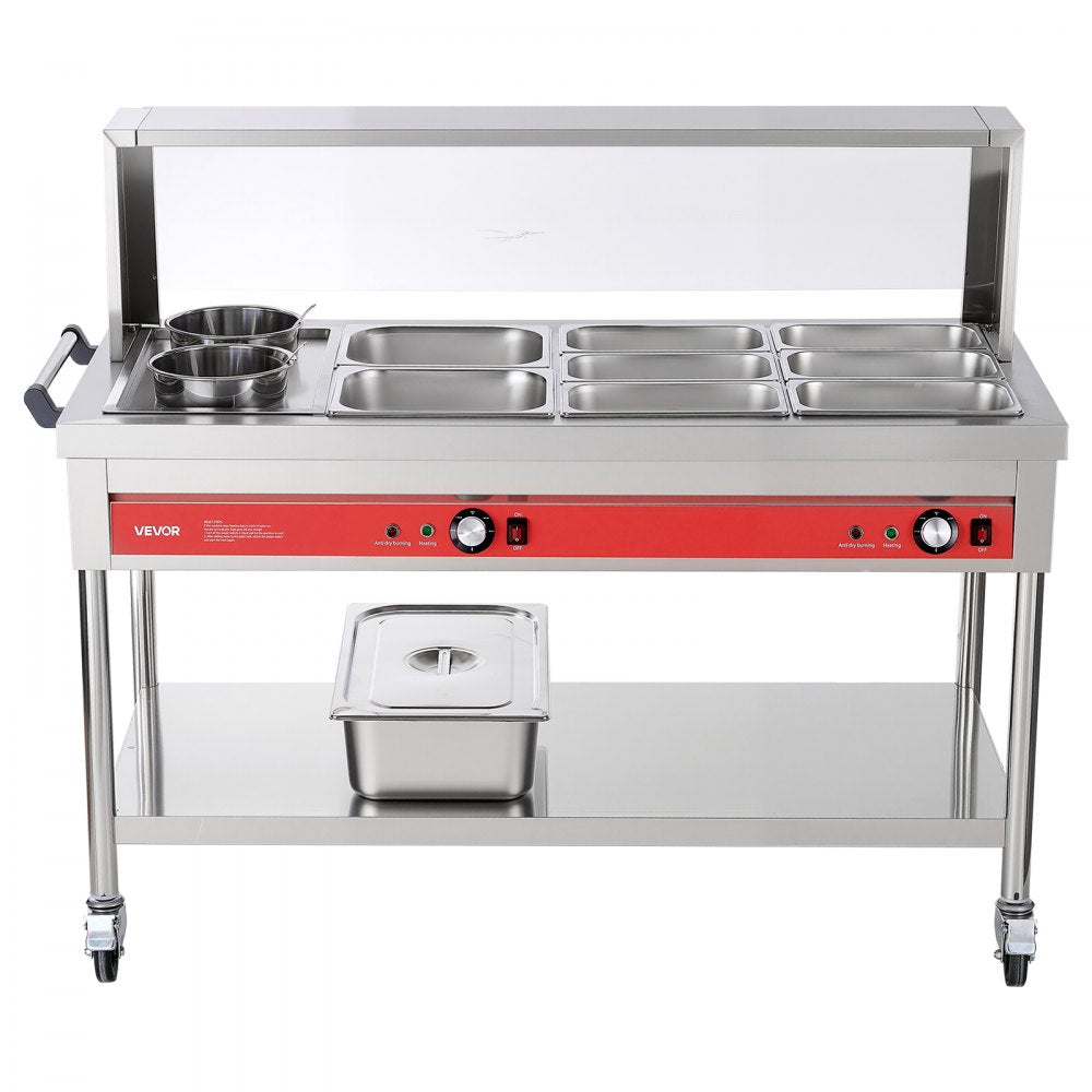 VEVOR Commercial Food Warmer 8 Pans + 2 Pots Electric Steam Table 1800W, for Buffet Restaurant Catering, SUS Server with Additional 1/1 Pan, Independent Temp Control, Acrylic Cover, and Undershelf