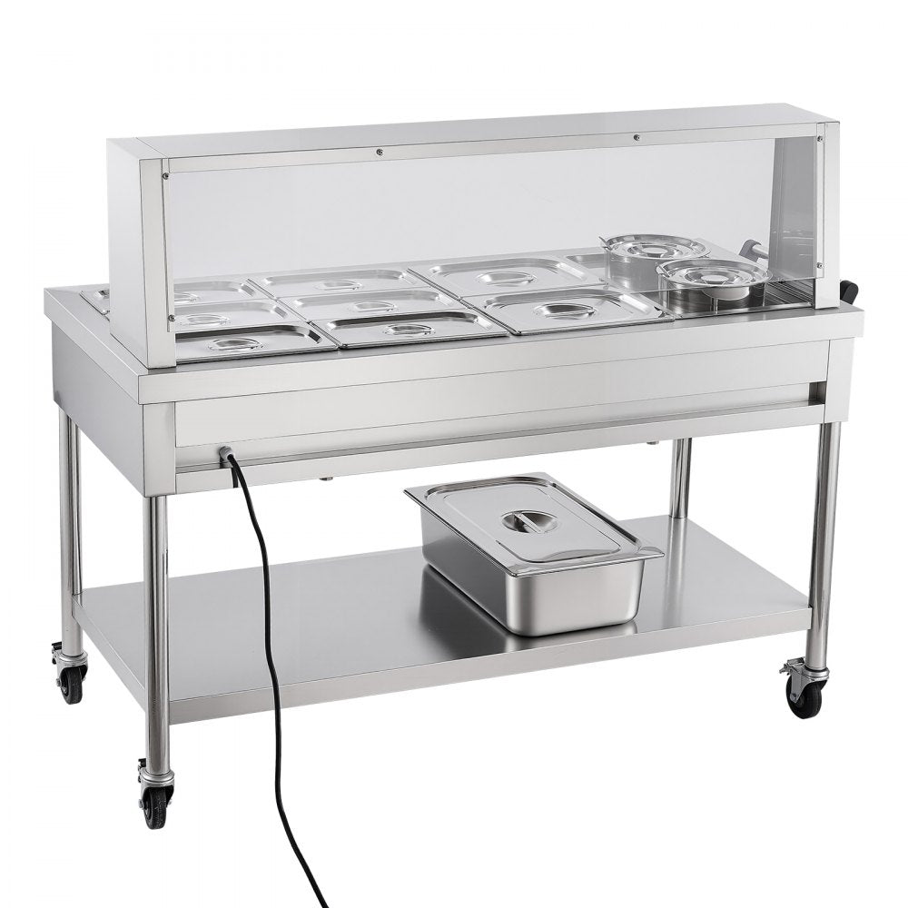 VEVOR Commercial Food Warmer 8 Pans + 2 Pots Electric Steam Table 1800W, for Buffet Restaurant Catering, SUS Server with Additional 1/1 Pan, Independent Temp Control, Acrylic Cover, and Undershelf