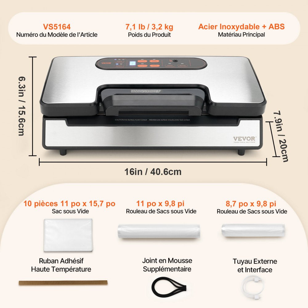 VEVOR Vacuum Sealer Machine, 90Kpa 130W Powerful Dual Pump and Dual Sealing, Dry and Moist Food Storage, Automatic and Manual Air Sealing System with Built-in Cutter, with Seal Bag and External Hose