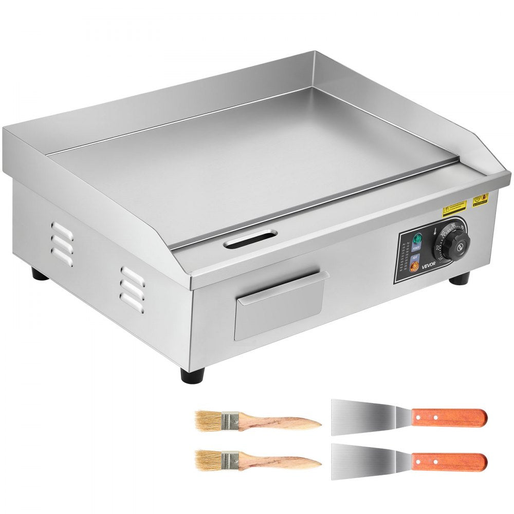 VEVOR Commercial Electric Griddle, 21 x 11.8 inch, 1750W, 122-570°F Adjustable Temp Control, Stainless Steel Countertop Flat Top Grill with 2 Spatulas, 2 Brushes and 4 Foot Pads, for Steak, Pancake
