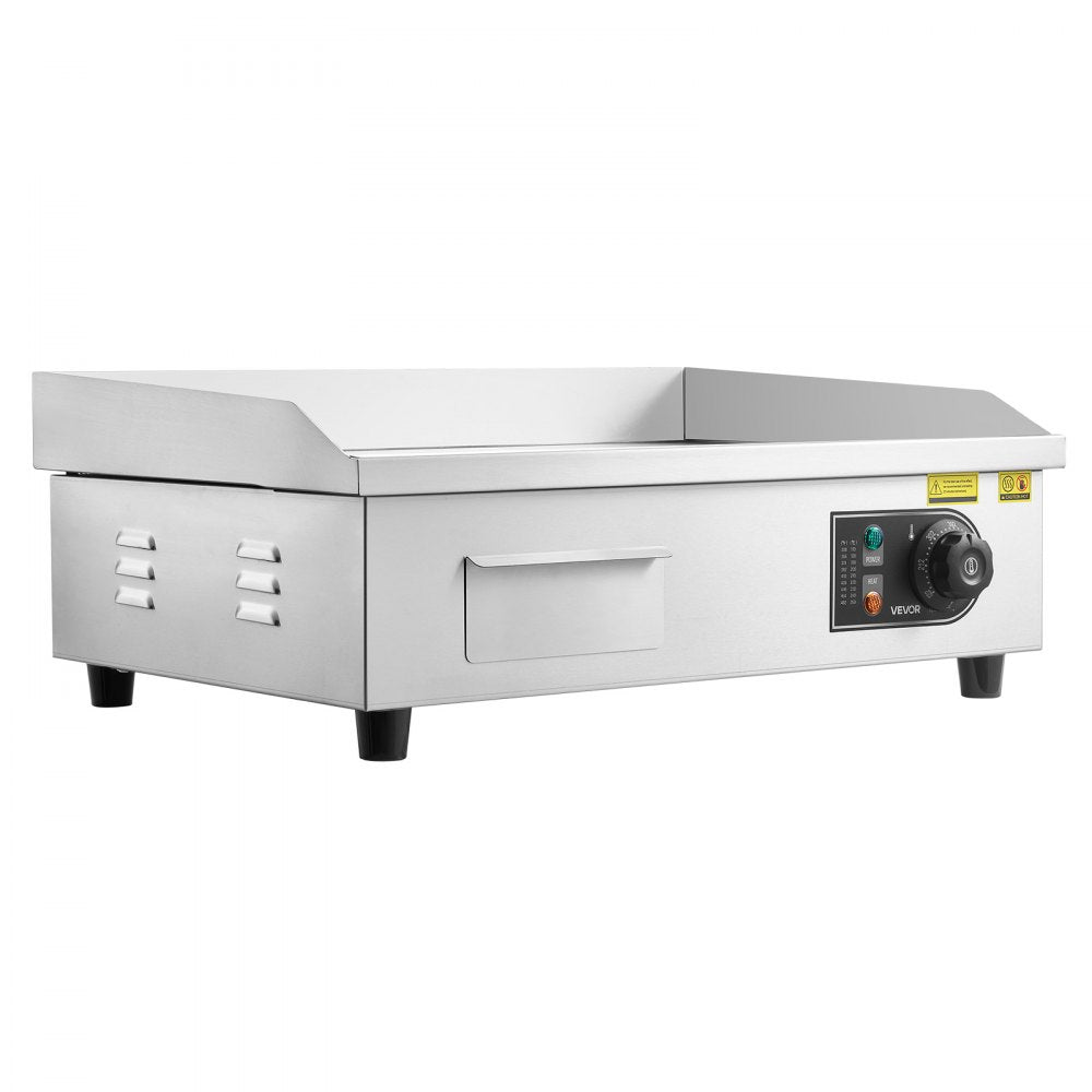 VEVOR Commercial Electric Griddle, 21.06 x 11.81 inch, 1750W, 122-570°F Adjustable Temp Control, Stainless Steel Body, Half Grooved Half Flat, with 2 Spatulas, 2 Brushes, and 4 Foot Pads, for Steak