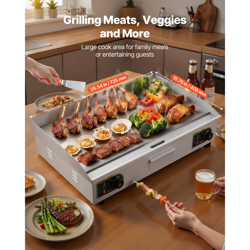 VEVOR Commercial Electric Griddle, 28.54 x 15.75 in, 4400W, 122-570°F Adjustable Temp Control, Stainless Steel Countertop Full Flat Top Grill with 2 Spatulas, 2 Brushes, for Steak, Pancake(NO PLUG)