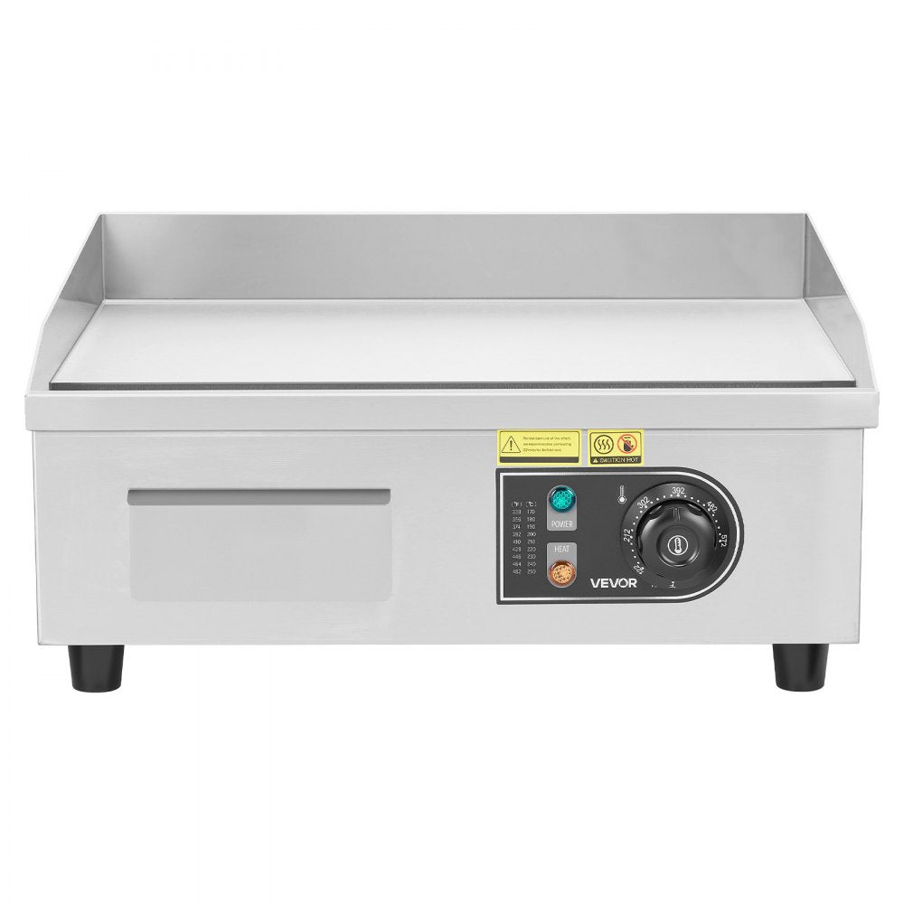 VEVOR Commercial Electric Griddle, 17.72 x 11.81 inch, 1750W, 122-570°F Adjustable Temp Control, Stainless Steel Countertop Flat Top Grill with 2 Spatulas, 2 Brushes, and 4 Foot Pads, for Steak