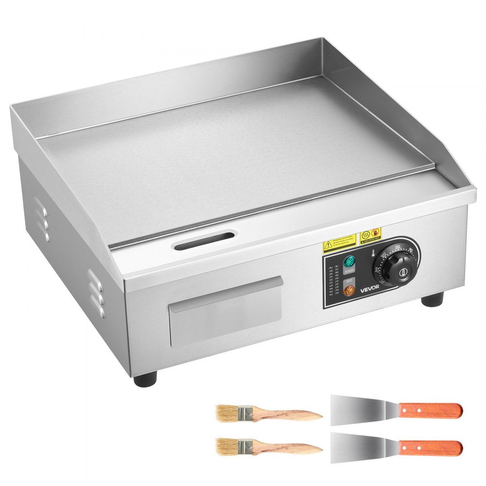 VEVOR Commercial Electric Griddle, 17.72 x 11.81 inch, 1750W, 122-570°F Adjustable Temp Control, Stainless Steel Countertop Flat Top Grill with 2 Spatulas, 2 Brushes, and 4 Foot Pads, for Steak