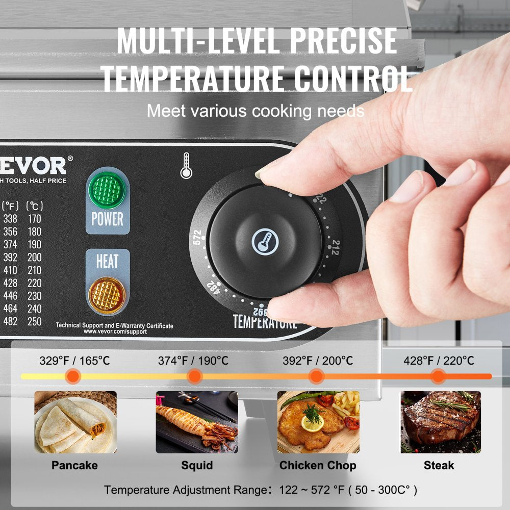 VEVOR Commercial Electric Griddle, 3200W Countertop Flat Top Grill, 122℉-572 ℉ Adjustable Temp, 21.26 x 11.81 x 0.39in Stainless Steel Griddle Grill with 2 Shovels and 2 Brushes for Home or Restaurant