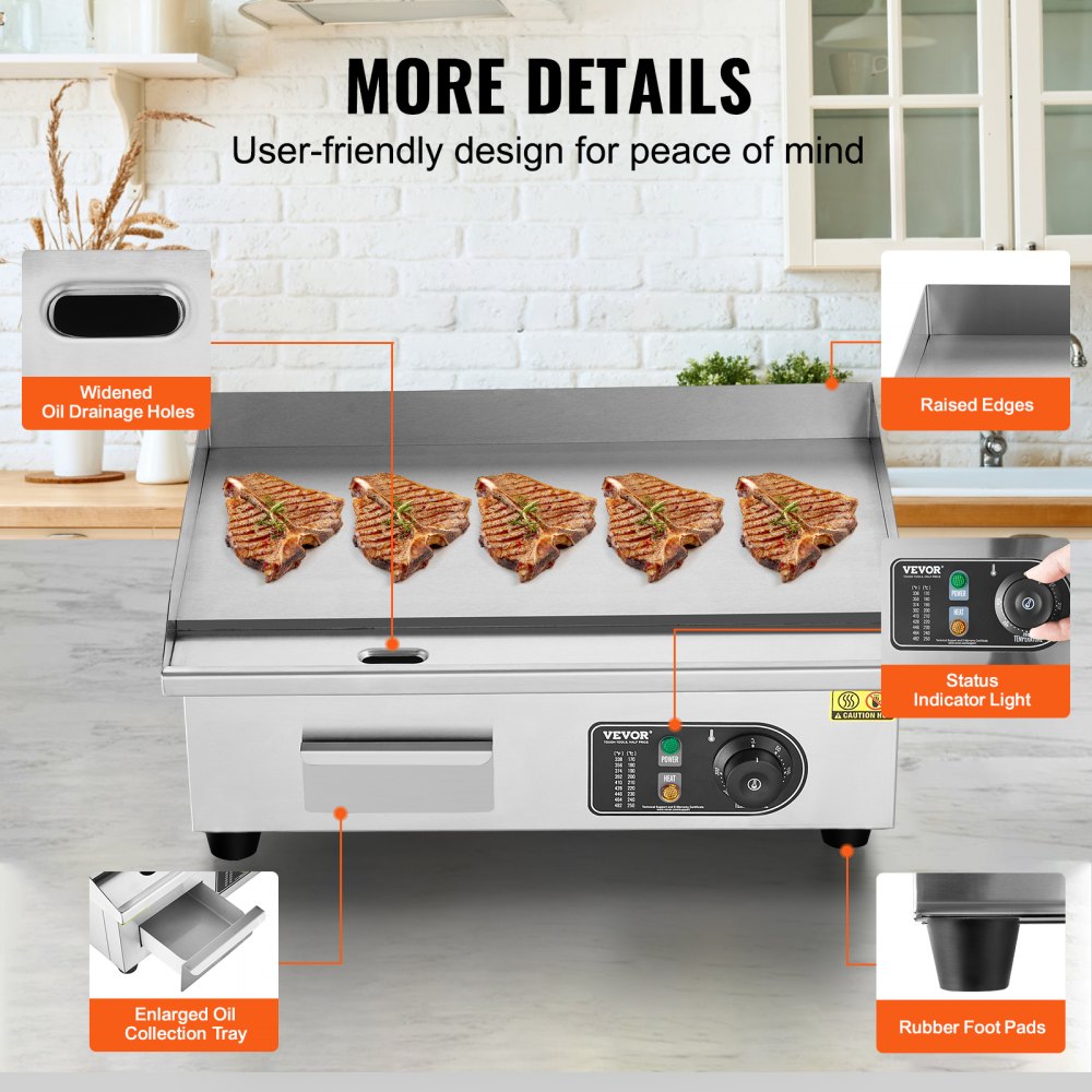 VEVOR Commercial Electric Griddle, 3200W Countertop Flat Top Grill, 122℉-572 ℉ Adjustable Temp, 21.26 x 11.81 x 0.39in Stainless Steel Griddle Grill with 2 Shovels and 2 Brushes for Home or Restaurant