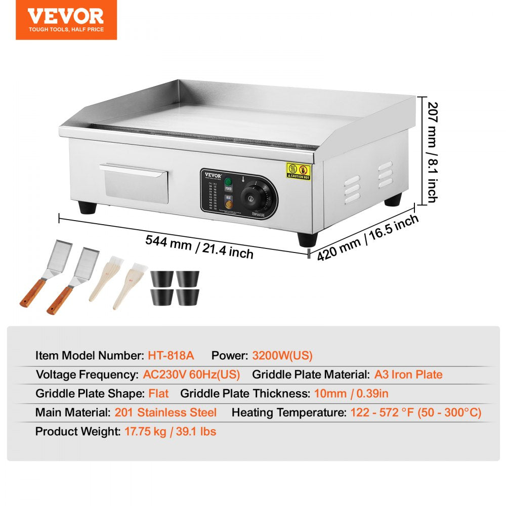 VEVOR Commercial Electric Griddle, 3200W Countertop Flat Top Grill, 122℉-572 ℉ Adjustable Temp, 21.26 x 11.81 x 0.39in Stainless Steel Griddle Grill with 2 Shovels and 2 Brushes for Home or Restaurant