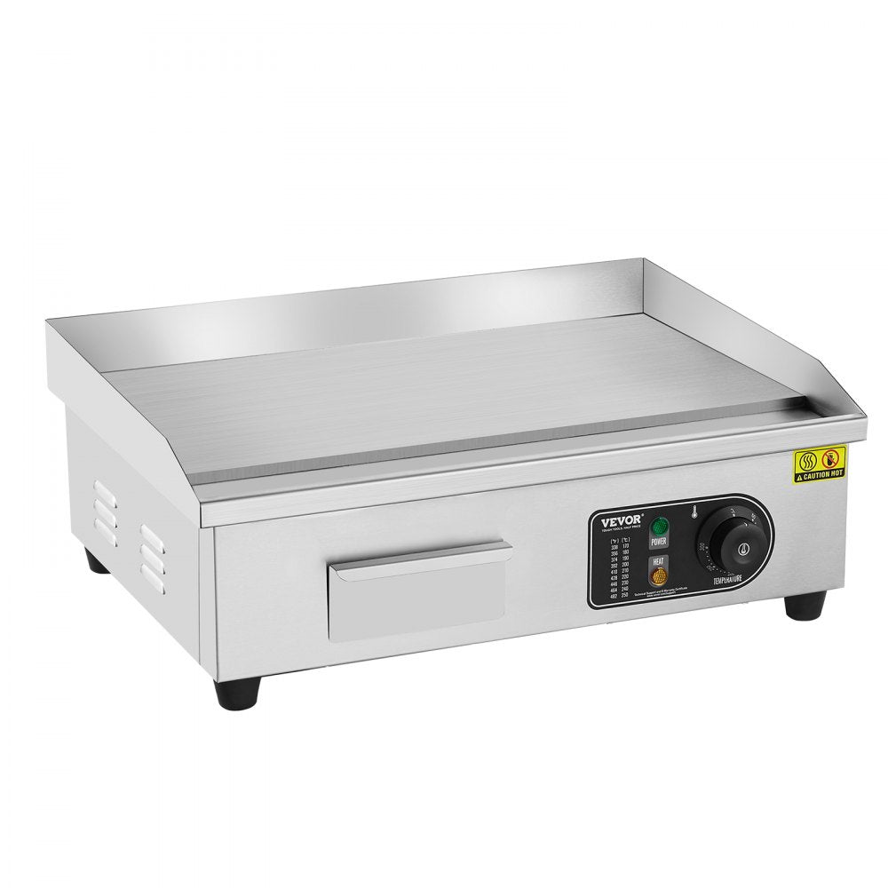VEVOR Commercial Electric Griddle, 3200W Countertop Flat Top Grill, 122℉-572 ℉ Adjustable Temp, 21.26 x 11.81 x 0.39in Stainless Steel Griddle Grill with 2 Shovels and 2 Brushes for Home or Restaurant