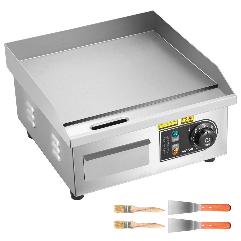VEVOR Commercial Electric Griddle, 13.98 x 11.81 inch, 1750W, 122-570°F Adjustable Temp Control, Stainless Steel Countertop Flat Top Grill with 2 Spatulas and 2 Brushes, for Steak, Pancake, Squid