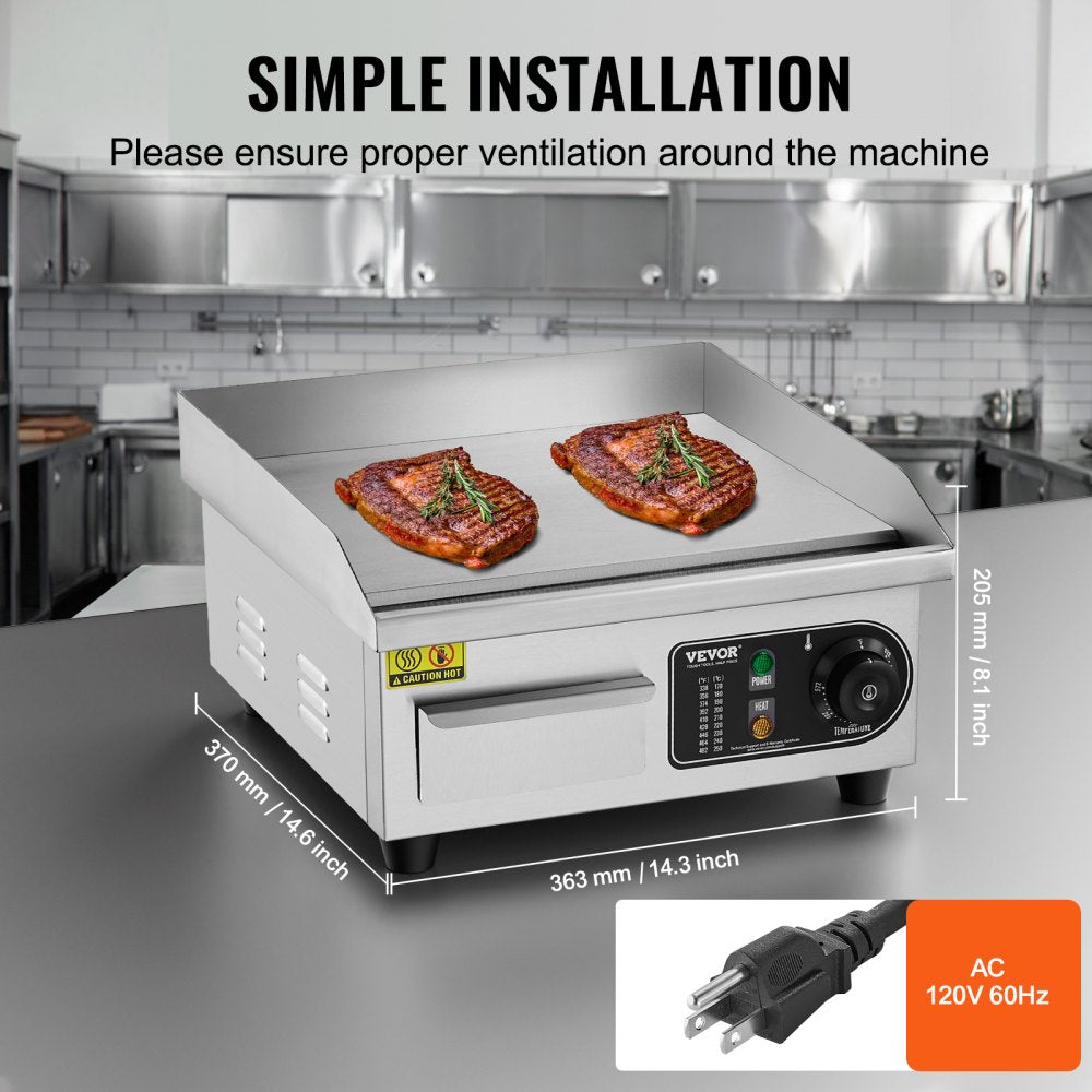 VEVOR Commercial Electric Griddle, 1700W Countertop Flat Top Grill, 122℉-572 ℉ Adjustable Temp, 14.17 x 11.81 x 0.39in Stainless Steel Griddle Grill with 2 Shovels and 2 Brushes for Home or Restaurant