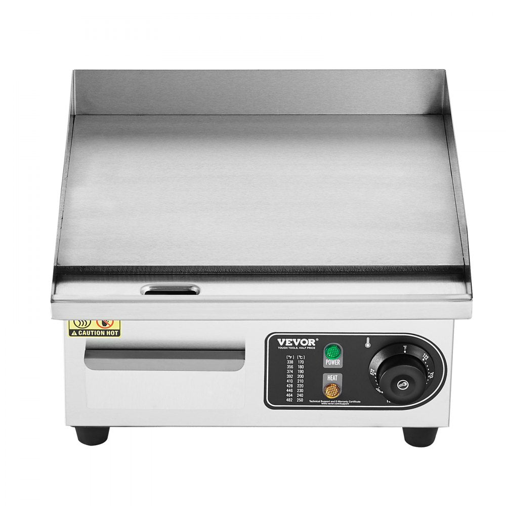 VEVOR Commercial Electric Griddle, 1700W Countertop Flat Top Grill, 122℉-572 ℉ Adjustable Temp, 14.17 x 11.81 x 0.39in Stainless Steel Griddle Grill with 2 Shovels and 2 Brushes for Home or Restaurant