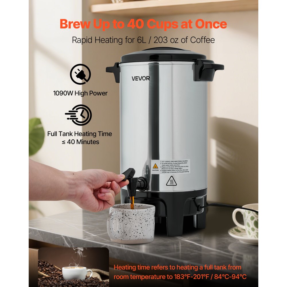 VEVOR Commercial Coffee Urn, 40 Cup 6 L Hot Beverage Dispenser with Dripless Faucet, Quick-Brewing Commercial Coffee Maker, Automatic Temperature Control, for Catering, Party, Church & Restaurant