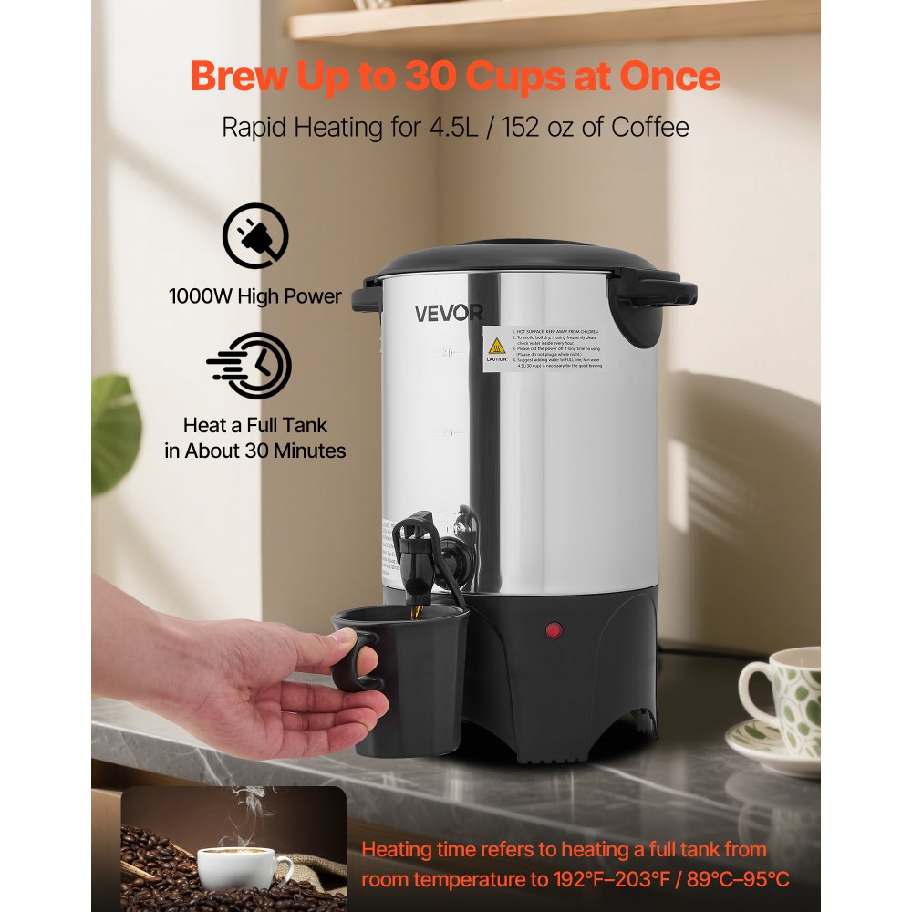 VEVOR Commercial Coffee Urn, 30 Cup 4.5 L Hot Beverage Dispenser with Dripless Faucet, Quick-Brewing Commercial Coffee Maker with Stainless Steel Liner, for Catering, Business, Church & Restaurant