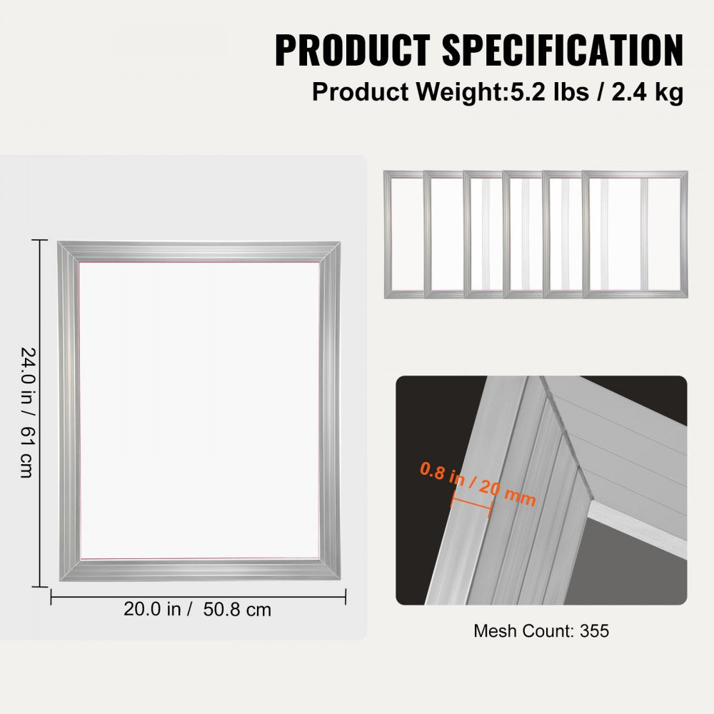 VEVOR Screen Printing Kit, 4 Pieces Aluminum Silk Screen Printing Frames, 20x24inch Silk Screen Printing Frame with 355 Count Mesh, High Tension Nylon Mesh and Sealing Tape for T-shirts DIY Printing