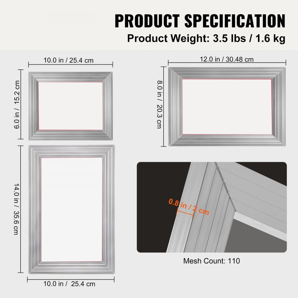 VEVOR Screen Printing Kit, 3 PCS Aluminum Silk Screen Printing Frames, 5 Glitters and Screen Printing Squeegees and Transparency Films, 6x10/8x12/10x14inch 110 Count Mesh,  for DIY T-shirts Printing