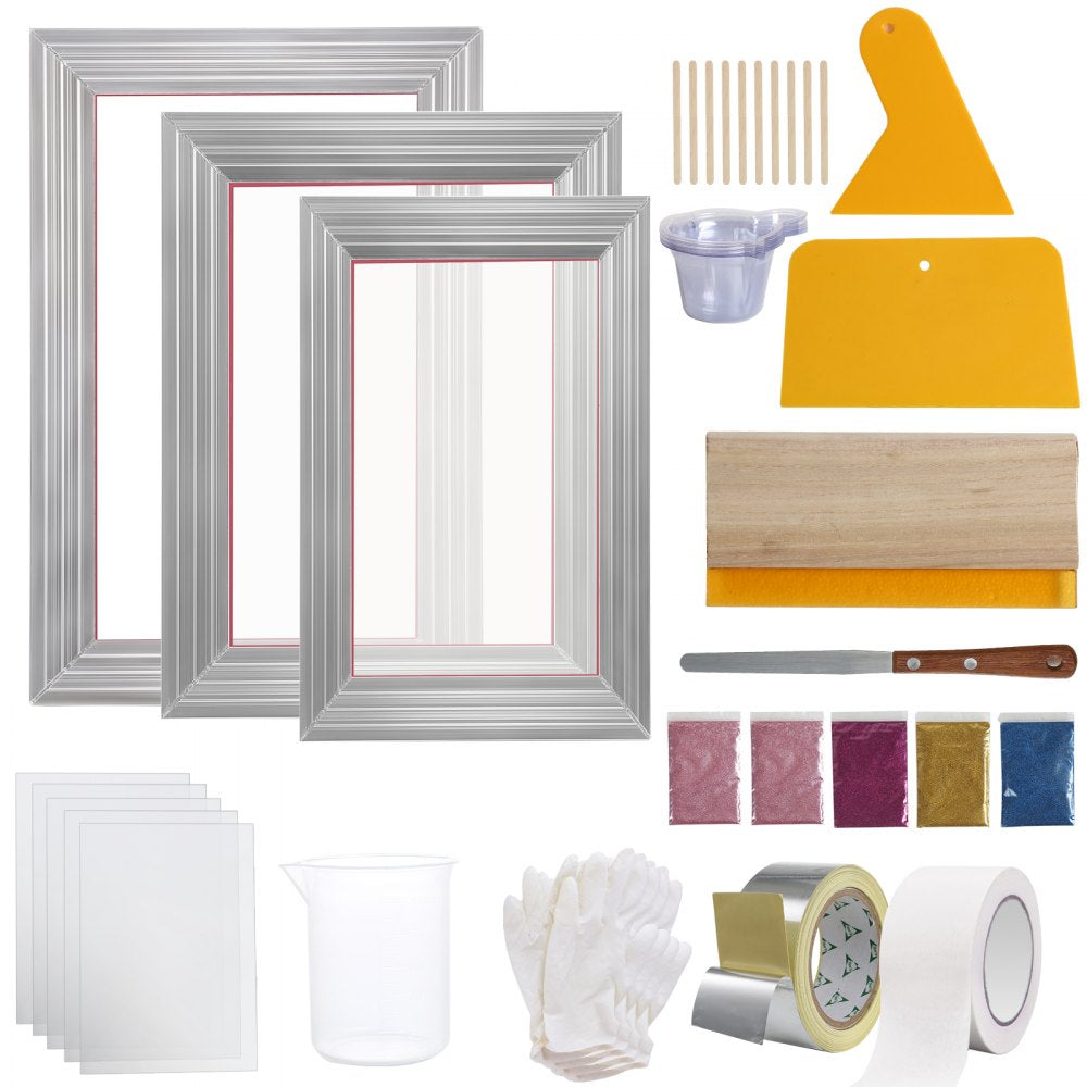 VEVOR Screen Printing Kit, 3 PCS Aluminum Silk Screen Printing Frames, 5 Glitters and Screen Printing Squeegees and Transparency Films, 6x10/8x12/10x14inch 110 Count Mesh,  for DIY T-shirts Printing
