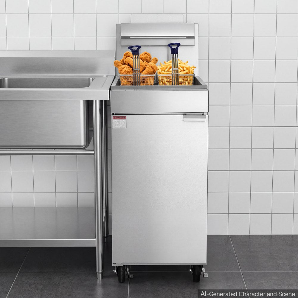 VEVOR Commercial Propane Deep Fryer 90,000 BTU with 2 Baskets, 3-Tube Burner Fryer, Stainless Steel Floor Standing Deep Fryers Cart, 40 lbs Capacity for Restaurants