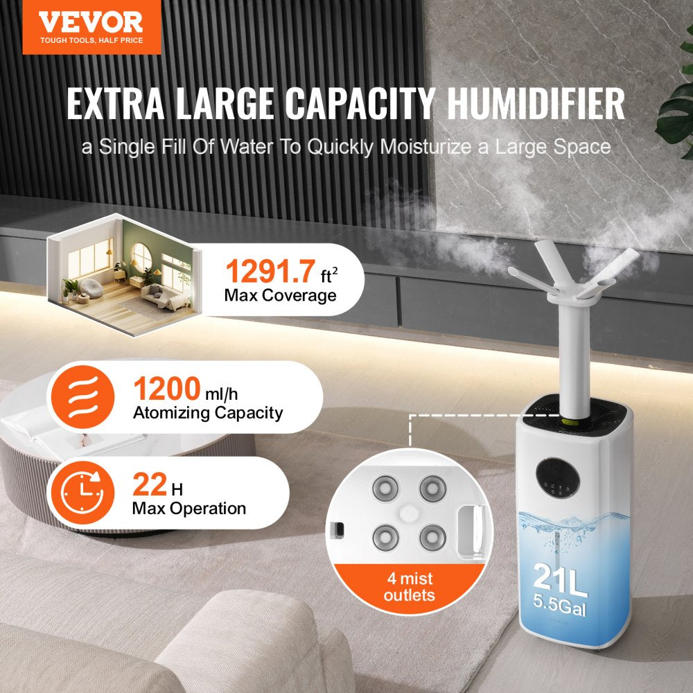 VEVOR Commercial Humidifier, 5.5 Gal/21L 40.6 oz/h Cool Mist Output, Industrial Air Vaporizer for Large Room Up To 1291.7 Sq Ft,Top Refill Humidifier w/ 12-Hour Timer for Whole House,Greenhouse, Plant