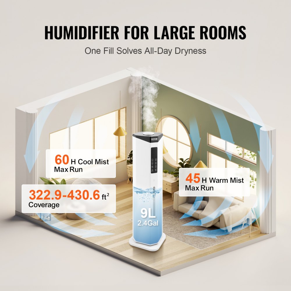 VEVOR Commercial Humidifier, 2.4 Gal/9L 2-In-1 Cool/Warm Mist, Industrial Air Vaporizer for Room Up To 430.6 Sq Ft,Top Refill Humidifier w/ Auto Rotary Spray for Whole House,Greenhouse, Plant