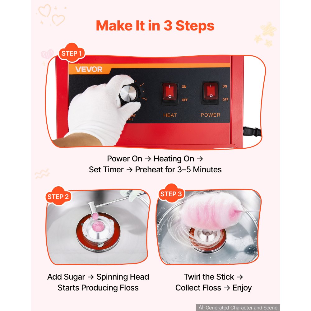 VEVOR Cotton Candy Machine Commercial 1000W Electric Candy Floss Maker Red, Ideal for Home, Carnival, Birthday, Family Party, Easy Use with 20.5 in Stainless Steel Bowl, Storage Drawer, Sugar Scoop