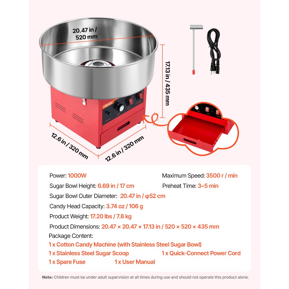 VEVOR Cotton Candy Machine Commercial 1000W Electric Candy Floss Maker Red, Ideal for Home, Carnival, Birthday, Family Party, Easy Use with 20.5 in Stainless Steel Bowl, Storage Drawer, Sugar Scoop