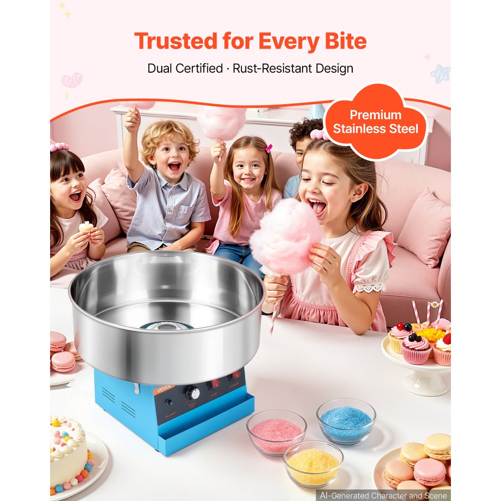 VEVOR Cotton Candy Machine Commercial 1000W Electric Candy Floss Maker Blue, Ideal for Home, Carnival, Birthday, Family Party, Easy Use with 20.5 in Stainless Steel Bowl, Storage Tray and Sugar Scoop