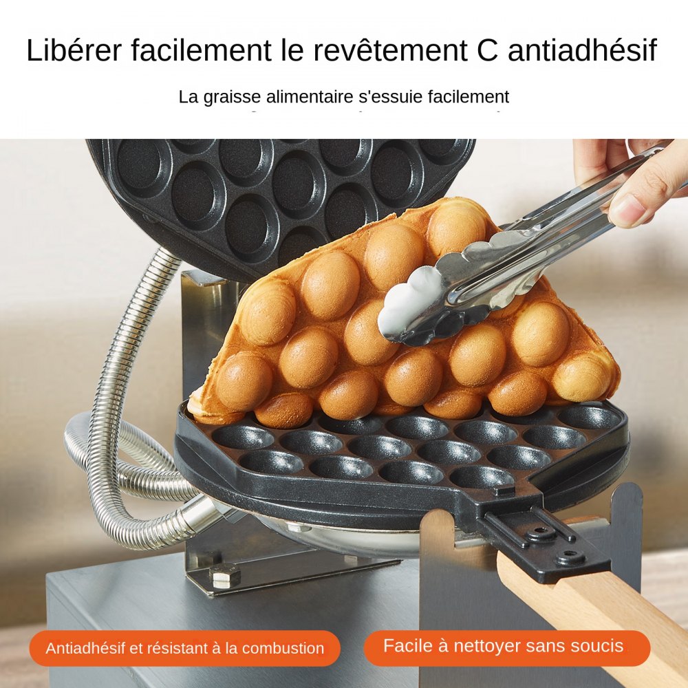 VEVOR Commercial Bubble Waffle Maker, 1400W Egg Pancake Baker Machine, Non-Stick Stainless Steel Egg Bubble Puff, 180° Rotatable, Temp and Time Control, Wooden Handle, for Restaurant Bakery Snack Bar