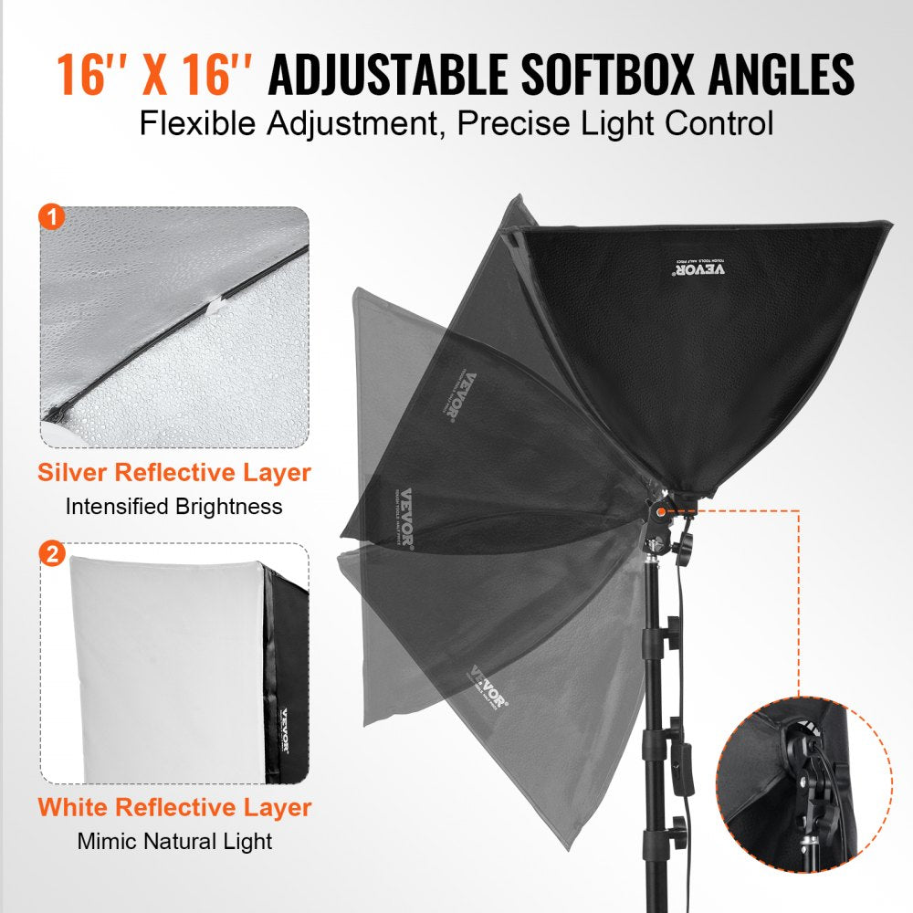 VEVOR Softbox Lighting Kit, 16" x 16", Professional Softbox with 45W LED Bulbs, 3000-6500K Adjustable Color Temperature, Tripod Stand, Studio Lights for Photography, Vedio Recording, Live Streaming