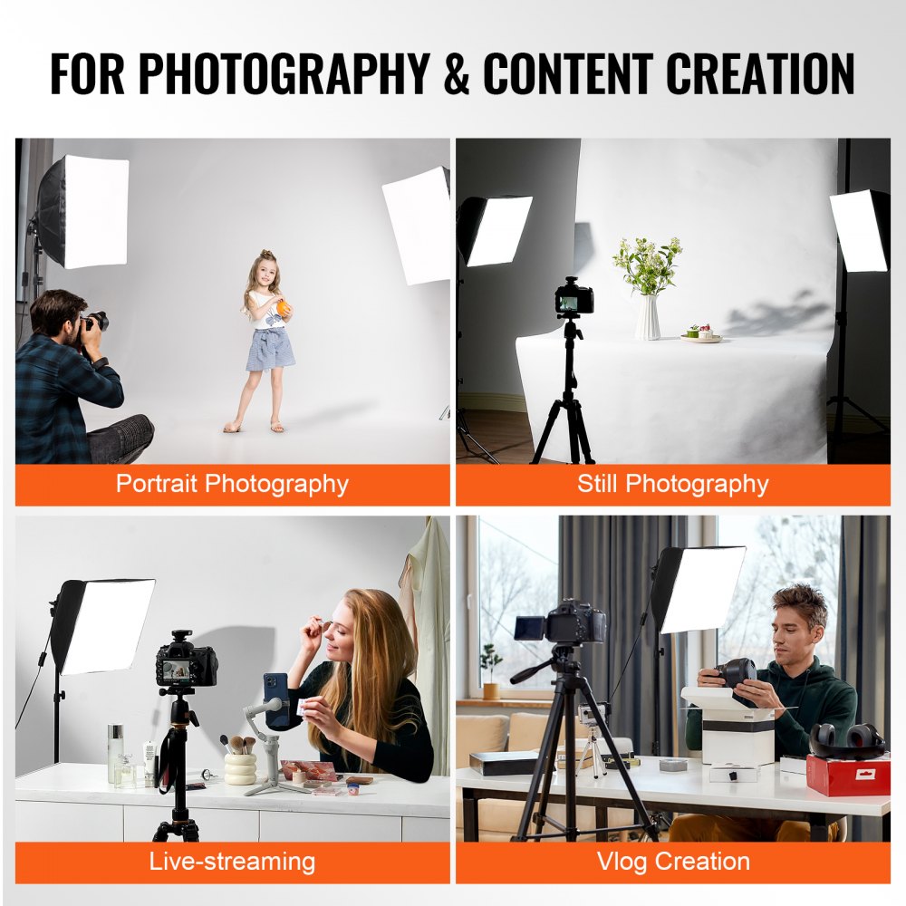 VEVOR Softbox Lighting Kit, 16" x 16", Professional Softbox with 45W LED Bulbs, 3000-6500K Adjustable Color Temperature, Tripod Stand, Studio Lights for Photography, Vedio Recording, Live Streaming