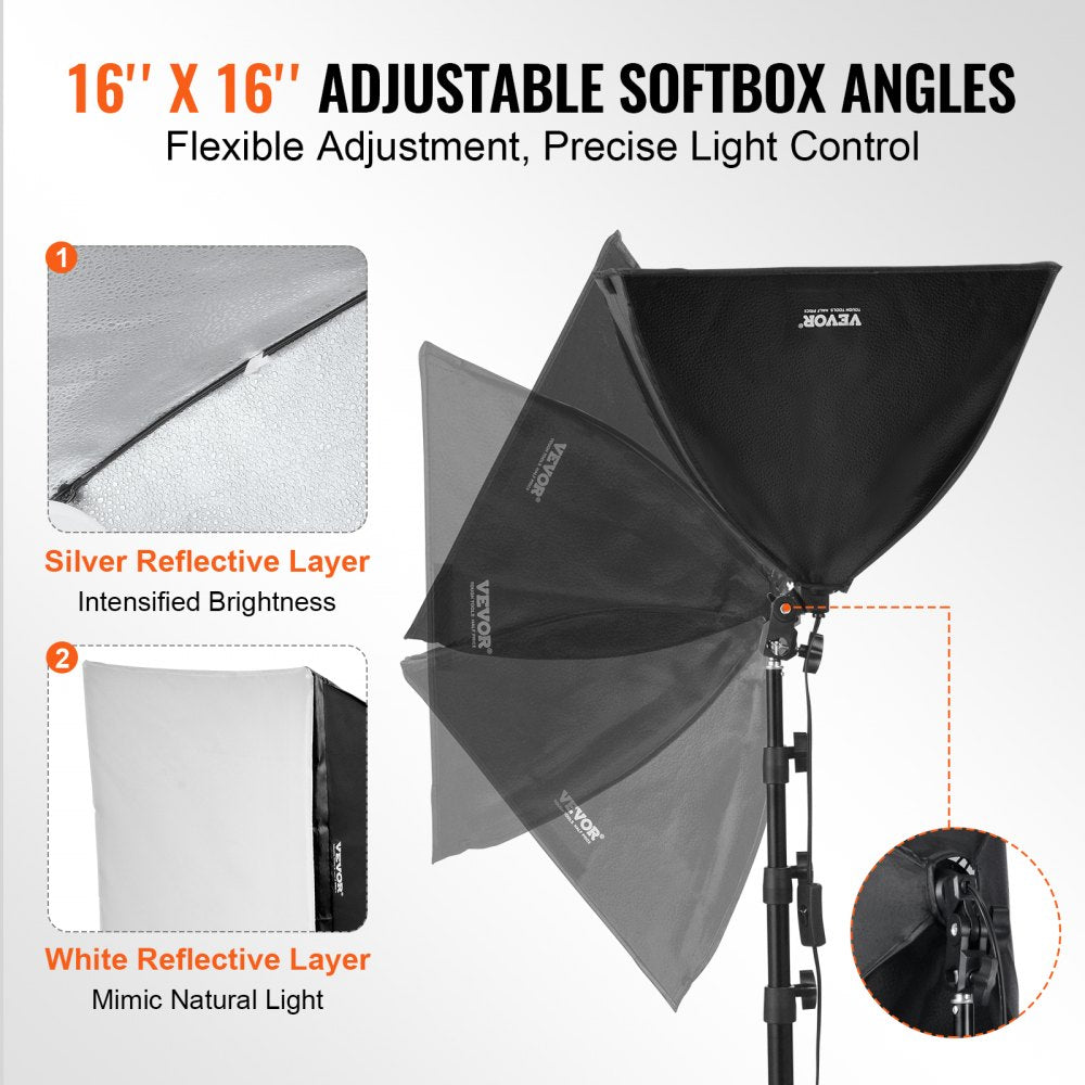 VEVOR Softbox Lighting Kit, 16" x 16", Professional Softbox with 45W LED Bulbs, 3000-6500K Adjustable Color Temperature, Tripod Stand, Remote Control, Studio Lights for Portrait shooting, Live Streaming