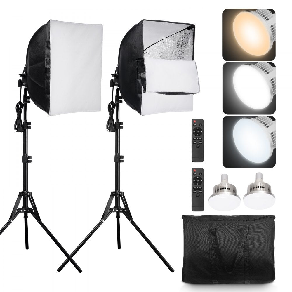 VEVOR Softbox Lighting Kit, 16" x 16", Professional Softbox with 45W LED Bulbs, 3000-6500K Adjustable Color Temperature, Tripod Stand, Remote Control, Studio Lights for Portrait shooting, Live Streaming