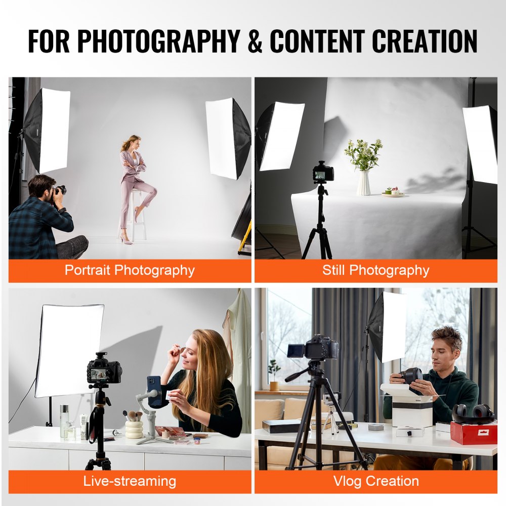 VEVOR Softbox Lighting Kit, 20" x 28", Professional Softbox with 45W 3000-6500K LED Bulbs, 3 Continuous Lighting Effects, Tripod Stand, Remote Control, Studio Lights for Portrait shooting, Live Streaming