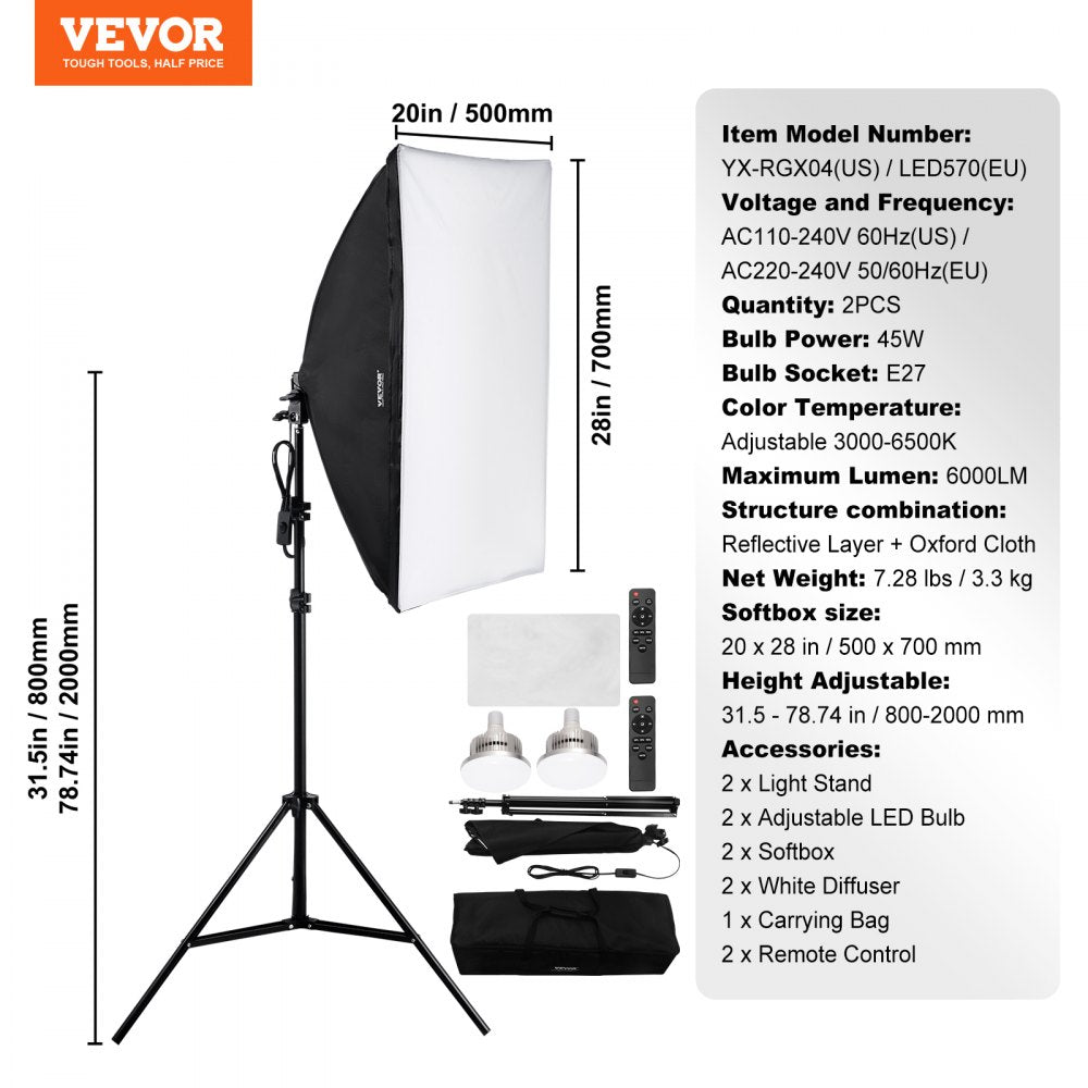 VEVOR Softbox Lighting Kit, 20" x 28", Professional Softbox with 45W 3000-6500K LED Bulbs, 3 Continuous Lighting Effects, Tripod Stand, Remote Control, Studio Lights for Portrait shooting, Live Streaming