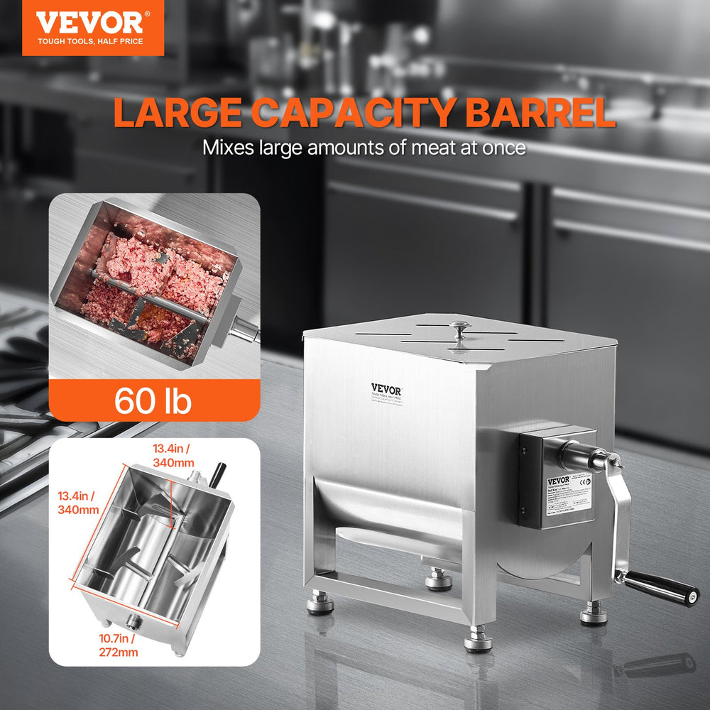 VEVOR Manual Meat Mixer, 30L Fixed Tank Meat Processing Equipment(Mixing Max 60LBS for Meat), Stainless Steel Meat Mixer, Sausage Mixer Machine with Lid Handle Gear Reducer, Ground Beef Hand Mixer
