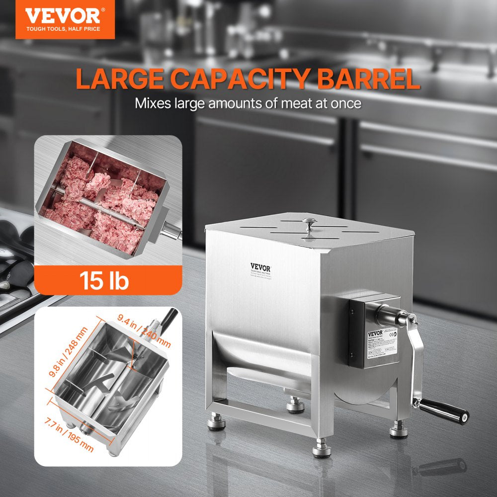 VEVOR Manual Meat Mixer, 10L Fixed Tank Meat Processing Equipment(Mixing Max 15LBS for Meat), Stainless Steel Meat Mixer, Sausage Mixer Machine with Lid Handle Gear Reducer, Ground Beef Hand Mixer