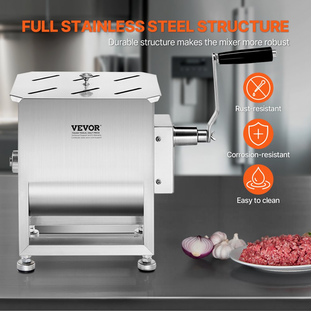 VEVOR Manual Meat Mixer, 10L Fixed Tank Meat Processing Equipment(Mixing Max 15LBS for Meat), Stainless Steel Meat Mixer, Sausage Mixer Machine with Lid Handle Gear Reducer, Ground Beef Hand Mixer