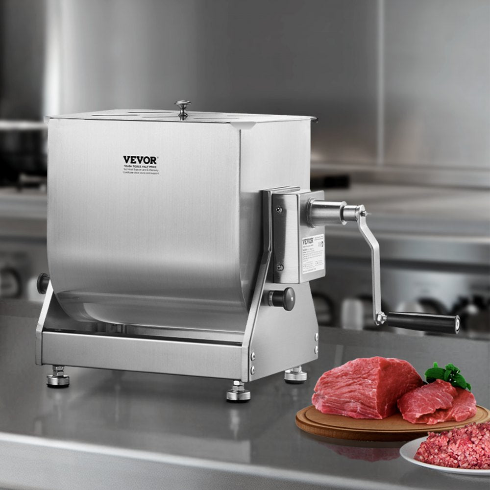 VEVOR Manual Meat Mixer, 15L Tilt Tank Meat Processing Equipment(Mixing Max 15LBS for Meat), Stainless Steel Meat Mixer, Sausage Mixer Machine with Lid Handle Gear Reducer, Ground Beef Hand Mixer