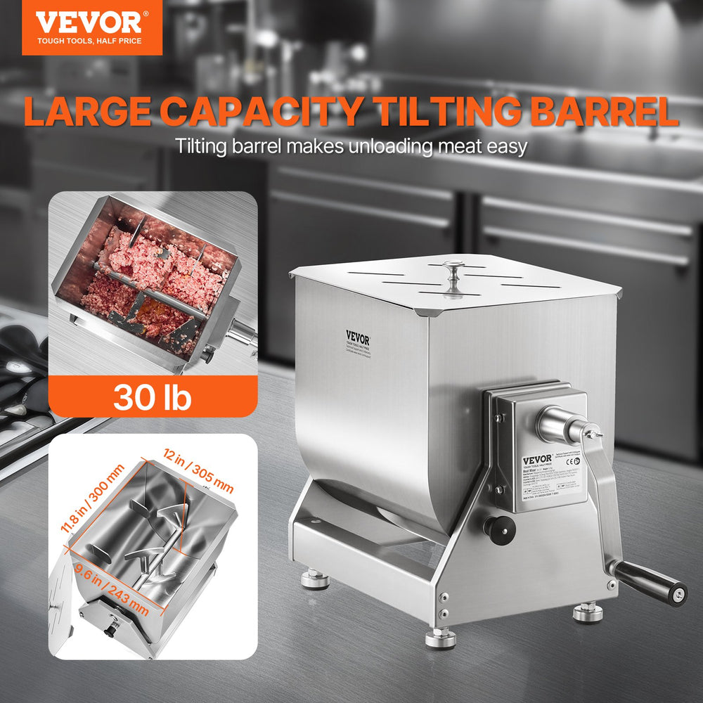 VEVOR Manual Meat Mixer, 30L Tilt Tank Meat Processing Equipment(Mixing Max 30LBS for Meat), Stainless Steel Meat Mixer, Sausage Mixer Machine with Lid Handle Gear Reducer, Ground Beef Hand Mixer
