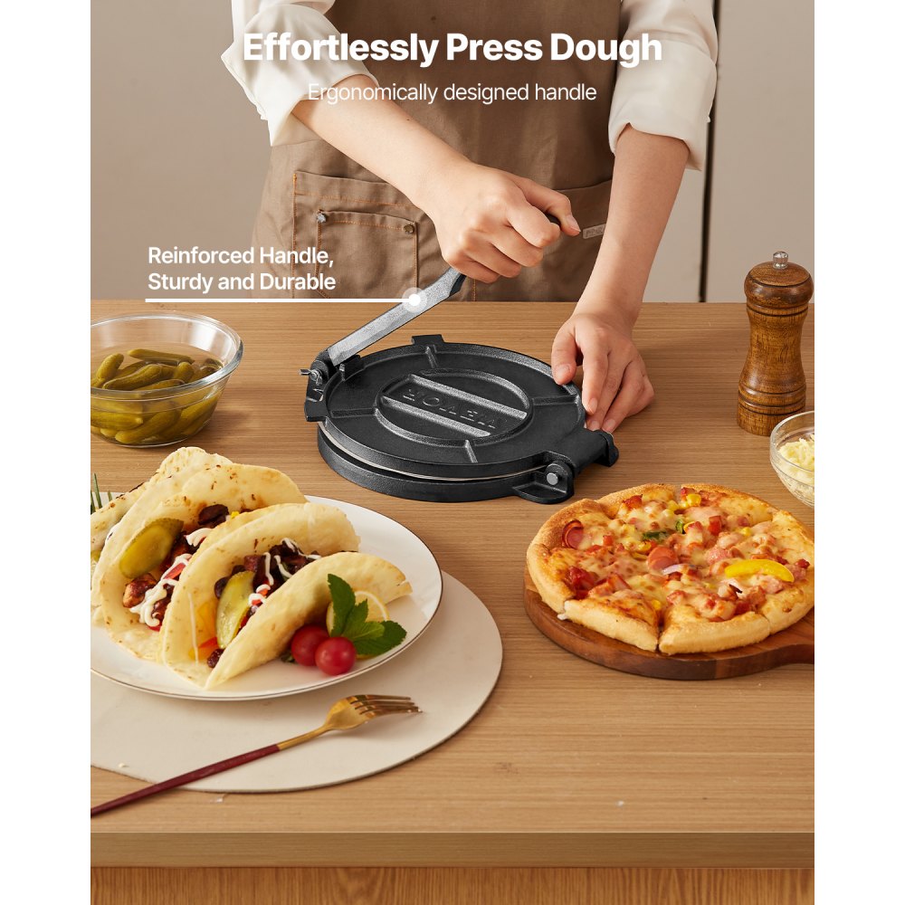 VEVOR Tortilla Press, 10 Inch Cast Iron Tortilla and Roti Maker, Heavy Duty Tortilladora Press, Pataconera Makers with Handle and 100 Pcs Parchment Paper, Dough Taco Press for Flour Tortilla, Tawa