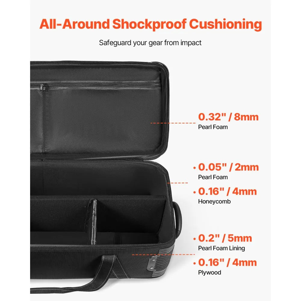 VEVOR Studio Equipment Trolley Case, 39.37 x 14.96 x 12.60 in / 100 x 38 x 32 cm, Rolling Camera Bag, Carrying Bag with Wheels Straps Padded Compartment Handle, for Light Stands, Tripods, Telescopes