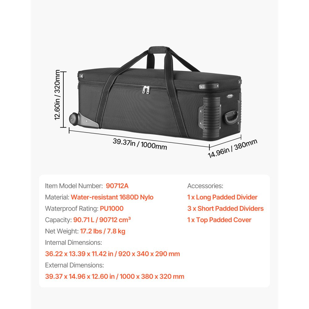 VEVOR Studio Equipment Trolley Case, 39.37 x 14.96 x 12.60 in / 100 x 38 x 32 cm, Rolling Camera Bag, Carrying Bag with Wheels Straps Padded Compartment Handle, for Light Stands, Tripods, Telescopes