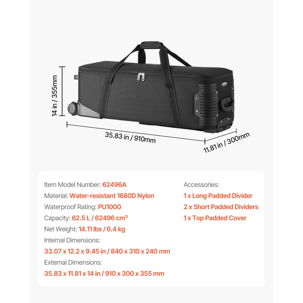VEVOR Studio Equipment Trolley Case, 35.83 x 11.81 x 14 in / 91 x 30 x 35.5 cm, Rolling Camera Bag, Carrying Bag with Wheels Straps Padded Compartment Handle, for Light Stands, Tripods, Telescopes