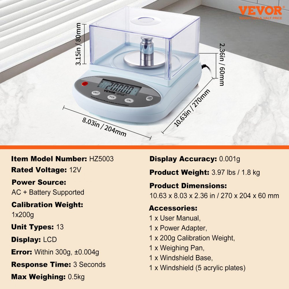 VEVOR Analytical Balance, 500 gram x 0.001g Accuracy High Precision Lab Scale, 13 Units Conversion Electronic Scientific Laboratory Scale with Windshield, LCD Display Digital Jewelry Weighing Scale