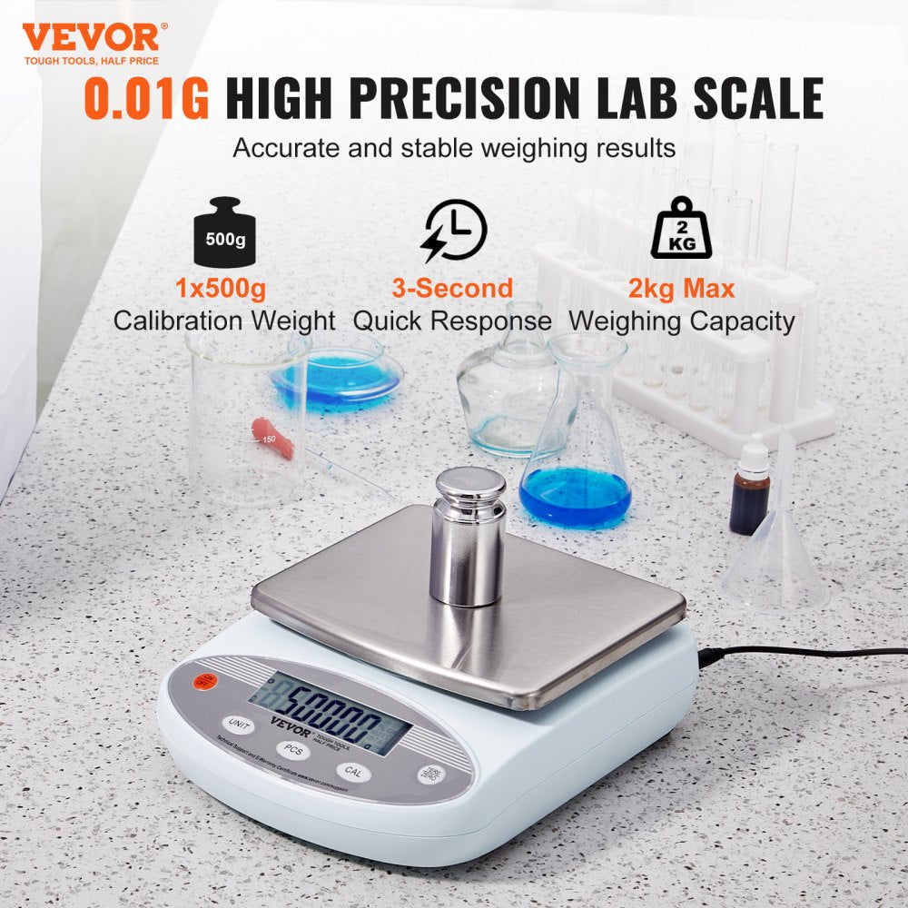 VEVOR Analytical Balance, 2000g x 0.01g Accuracy High Precision Lab Scale, 13 Units Conversion Electronic Scientific Laboratory Scale, LCD Display Digital Jewelry Weighing Scale for Lab, Jewelry